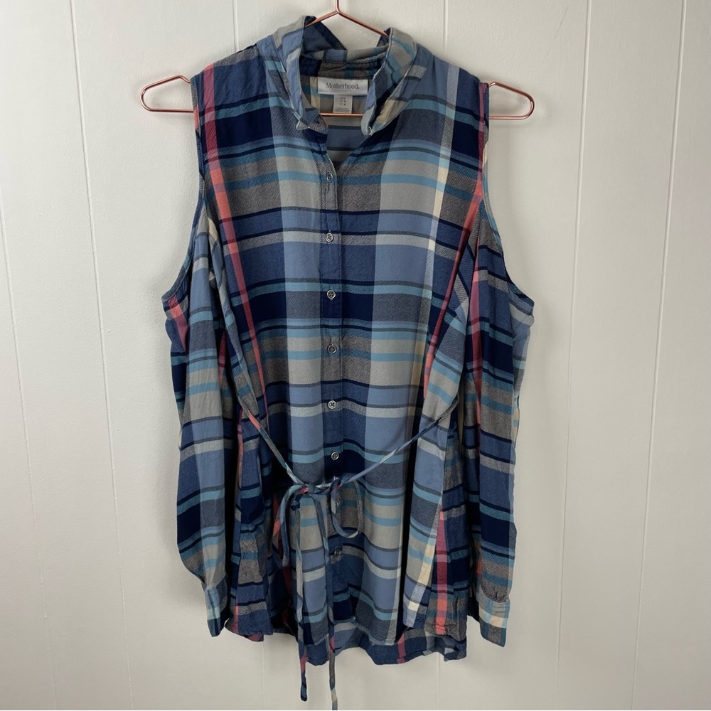 Motherhood Maternity Cold Shoulder Long Sleeve Plaid Shirt
